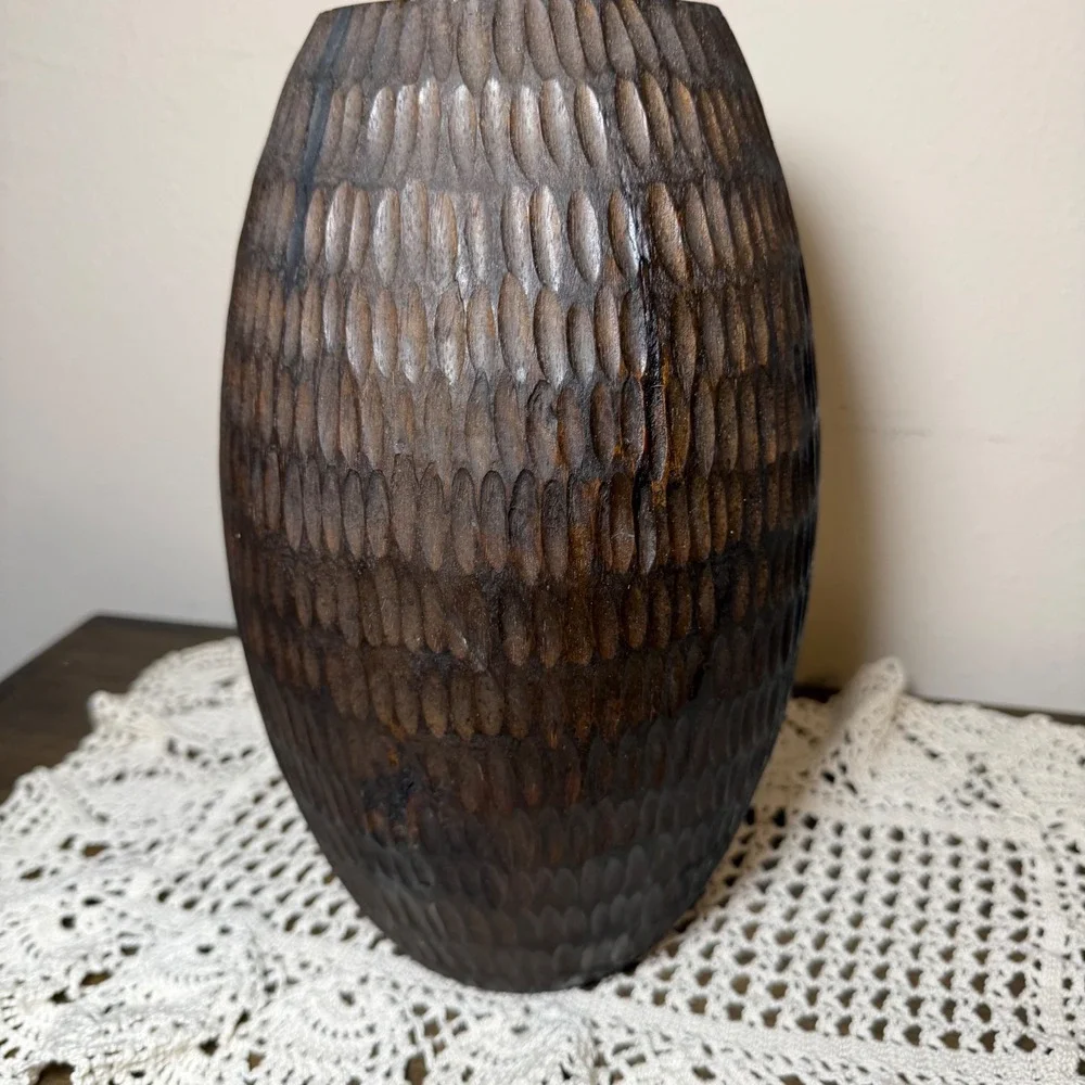 Hand Carved Dark Wood Vase Bevel Ovoid Rustic Boho Decorative Vessel 10 inch